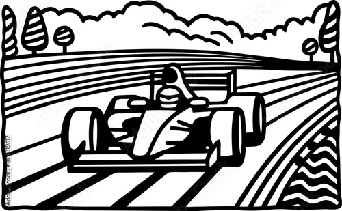 formula race car speeding on track with driver, racing circuit, trees and clouds in background