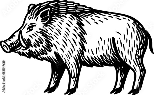 Wild boar illustration in vintage engraving style, hand drawn woodland animal isolated on white background