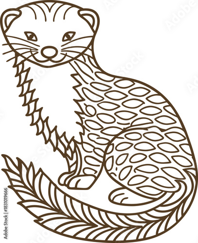 decorative ferret line art illustration with patterned fur and curled tail on white background
