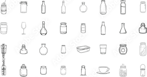 Collection of hand drawn cosmetic bottles and jars in sketch style isolated on transparent background