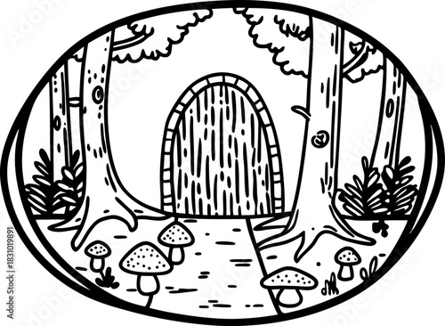 Mushroom forest path leading to mysterious wooden door in tree clearing, fantasy woodland gateway illustration