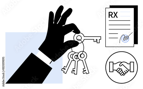 Ownership transfer. Hand holding keys signifies authority, while document and handshake icons trust in exchanges. Ownership applies to property, contracts, agreements, business, and legal processes