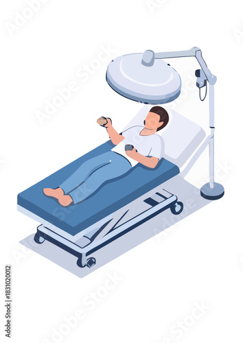 A man receives innovative light therapy treatment while lying on a medical gurney, a modern wellness and healthcare technology concept