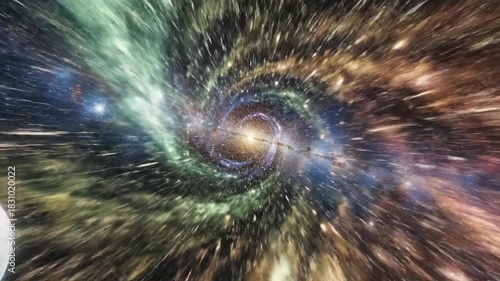Swirling galaxy, with planet on left, shows tunnel through hyperspace with bright light at end