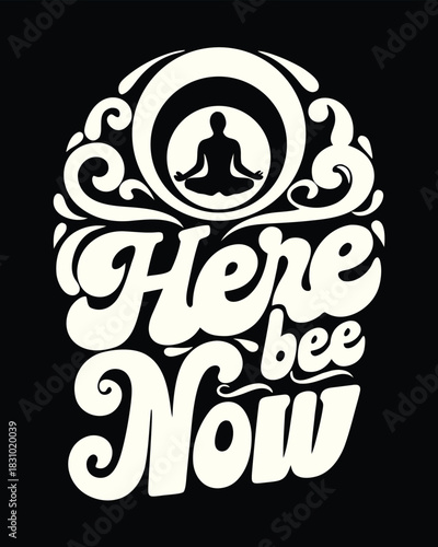 In artwork, stylized text urges mindfulness beneath a meditative figure in silhouette