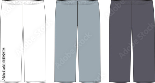 Three pairs of simple comfortable lounge pants in white gray and charcoal colors for relaxing at home