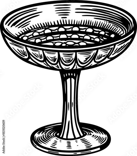 Vintage pedestal dessert glass goblet with ornate etched bowl and decorative stem illustration