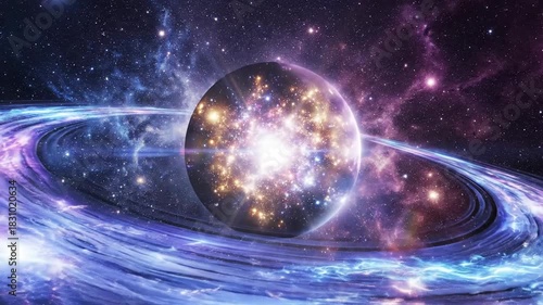Swirling galaxy with purple and blue nebula surrounding a bright, central sphere of white light and stellar flares