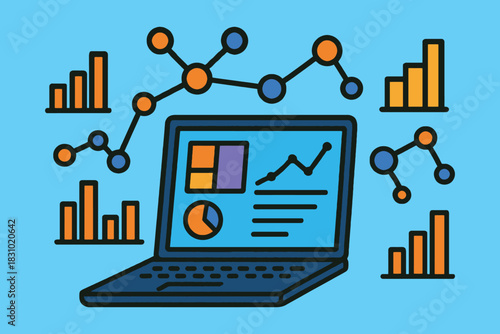 Digital illustration of a laptop displaying data analytics and charts with network diagrams