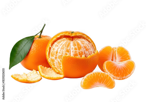 Fresh peeled and whole mandarin oranges with segments isolated on transparent background