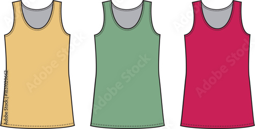 Three sleeveless dresses in yellow green and red colors for fashion design illustration