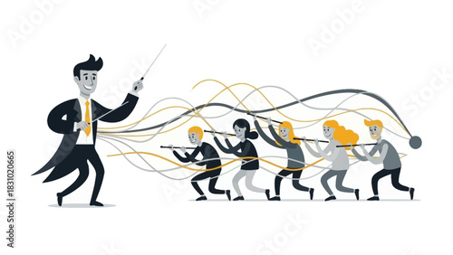 Executive Leadership Orchestrating Teamwork and Strategy: Diverse group guides complex data streams toward unified growth goal.