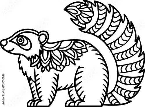 Decorative skunk illustration with patterned tail, intricate line art animal for coloring pages