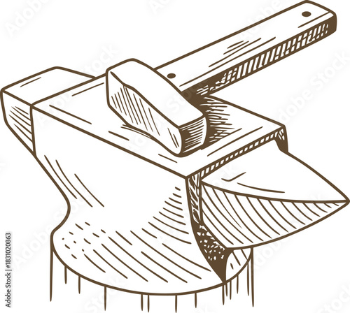 Rustic hand drawn anvil and hammer illustration on wooden stump, vintage blacksmith tool icon