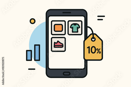 Smartphone displaying online shopping with a ten percent discount tag