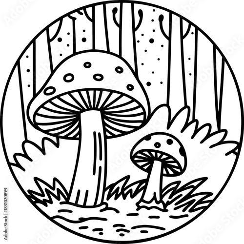 Forest mushrooms in woodland clearing line art illustration of fungi growing among grass and trees