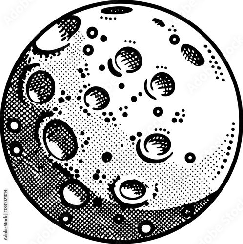 Moon with craters hand drawn celestial body, vintage engraving black and white illustration