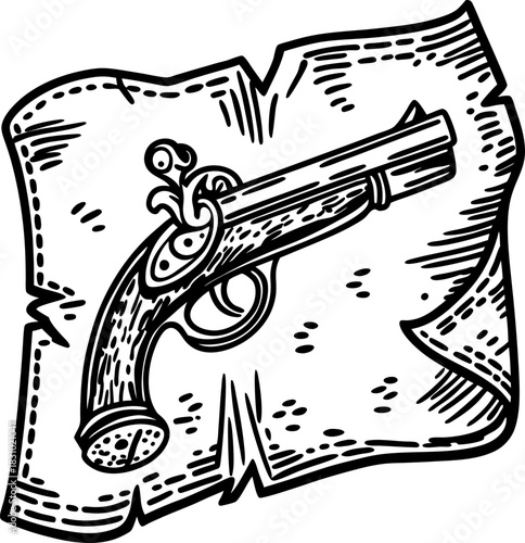 vintage flintlock pistol illustration on old curled parchment map, antique pirate weapon sketch
