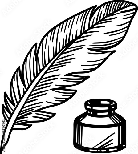 Quill feather pen and inkwell icon for writing, literature, creativity and classic communication