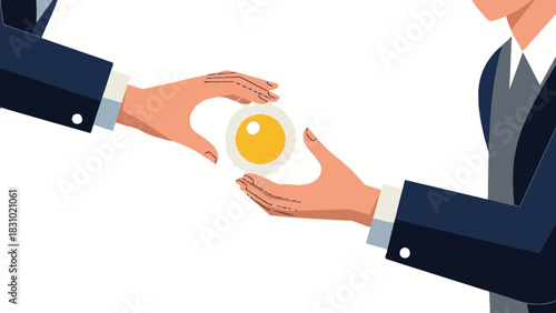 Strategic Value Transfer: Two Business Professionals Handoff a Glowing Golden Idea or Essential Core Asset