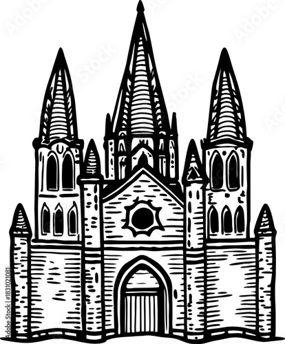 Gothic medieval castle illustration with tall spires and fortified walls, hand drawn black outline