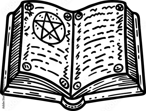 Ancient spellbook with pentagram symbol and mystical handwritten pages, open magical occult grimoire illustration