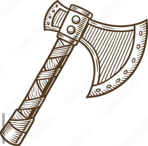 Vintage double headed battle axe illustration with detailed engraved wooden handle