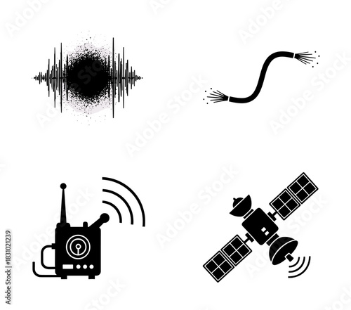 Explore communication technology concepts with satellite, radio, fiber optics, and sound waves in this modern, clean vector set