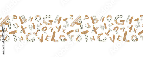 Numbers and toys seamless border, hand-drawn horizontal divider with stylized digits and rattles for birthday banners and educational kids’ design.