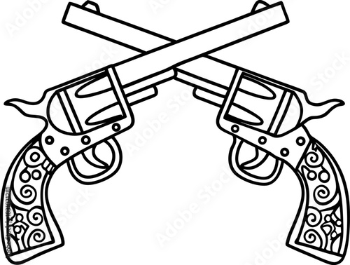 Crossed vintage revolvers with decorative handles in black outline, western weapon illustration