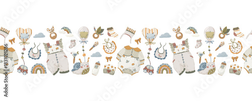 Baby and nature border set, hand-drawn vector horizontal seamless dividers with mountains, clothes, numbers, and strollers in neutral boho style for kids’ design and textile.