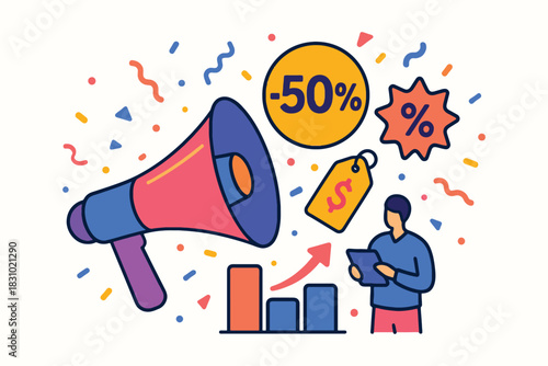 Megaphone announcing 50 percent discount with confetti and sales chart