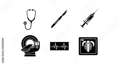 Medical icons for healthcare and wellness projects, including stethoscope, scalpel, syringe, MRI, heartbeat graph and X-ray for your creative designs