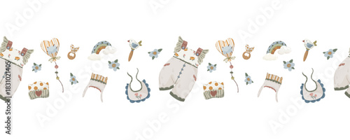 Newborn baby objects seamless border, hand-drawn vector horizontal divider with rompers, bibs, bonnets, and rainbow for baby announcement cards and banners.
