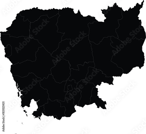 Detailed vector map of Cambodia black silhouette with provinces for geographic and infographic design projects