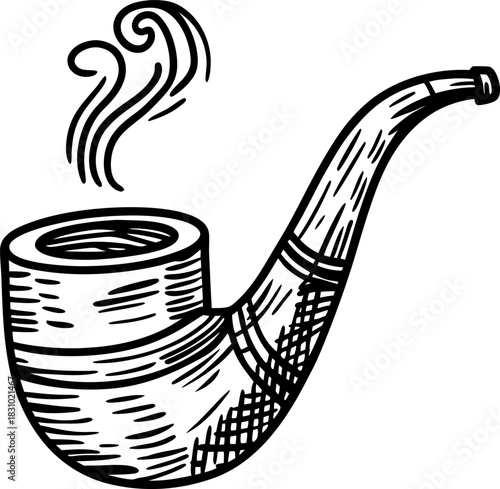 Smoking pipe with curling smoke vintage engraved illustration of classic tobacco pipe
