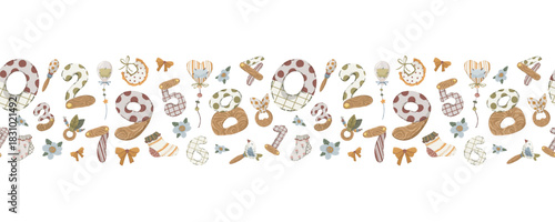 Numbers and toys seamless border, hand-drawn vector horizontal divider with stylized digits and rattles for birthday banners and educational kids’ design.