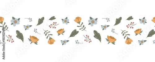 Wildflower seamless border, hand-drawn vector horizontal divider with scattered flowers, leaves, and berries for wedding stationery and feminine design.