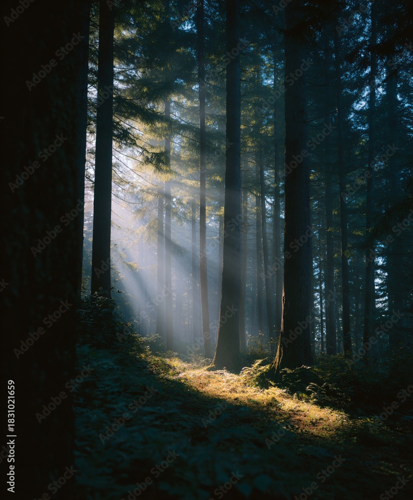 Obraz premium Sunlight streaming through dense forest trees enchanted woodland photography natural light dramatic atmosphere