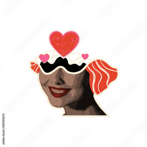 Woman collage sticker with retro halftone face design and hand-drawn hearts. Pop art graphic featuring vintage female portrait on white background.