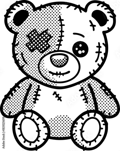 Injured stitched plush bear with patches and button eye, cute vintage toy illustration