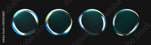3d glass liquid abstract, fluid shape with holographic effect isolated on dark background. Render of transparent glass circle liquid object, soap water bubble with reflection. 3d vector illustration