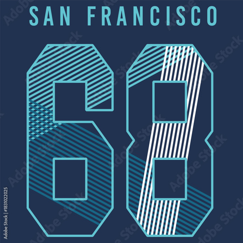 Retro san Francisco 68 sports typography with striped athletic numbers for sportswear graphic tee