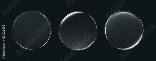 3d liquid glass disc with soft halo effect isolated on dark background. Render of transparent glass button, podium or mirror with neon gradient texture. 3D vector UI figure for tech interface