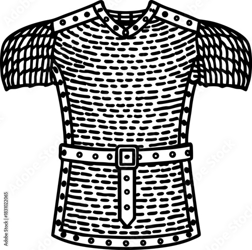 Medieval chainmail armor shirt with belt and rivets, black and white line illustration