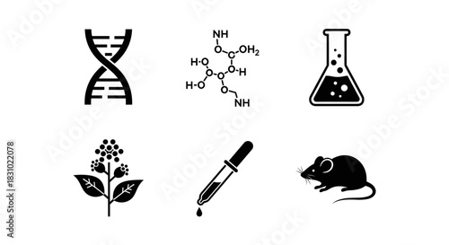 Discoveries awaiting in modern science lab with DNA, molecule, flask, plant, dropper, and mouse icons for research and innovation projects