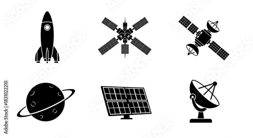 Dreaming of space exploration with this stunning rocket, satellite and planet set in black and white - a bold and minimalist design