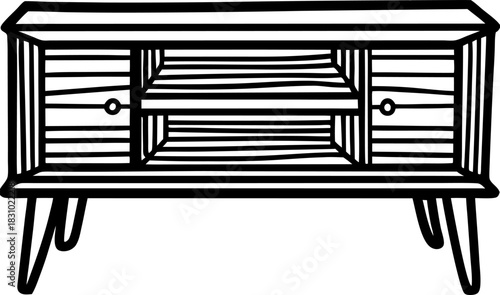 Mid century modern wooden tv stand cabinet with open shelves and drawers isolated illustration