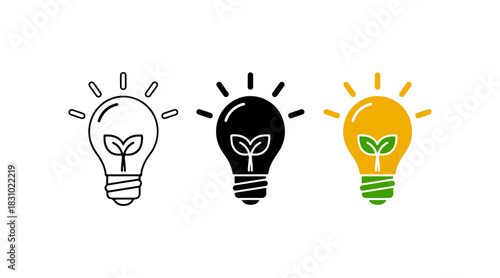 Eco energy lightbulb icons representing green innovation, renewable power, and sustainable thinking