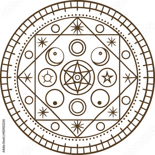 Mystical circular magic symbol with geometric patterns, moons, stars and occult esoteric mandala